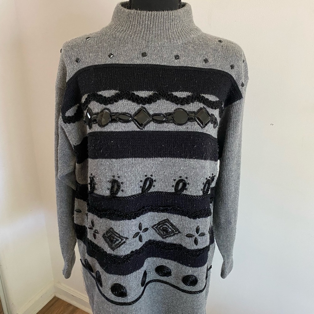 Vintage Black and Gray Embellished Lambswool and Angora Turtleneck Sweater